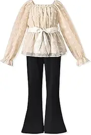 [HIHA] Girls Fall Clothes Long Sleeve Chiffon Swiss Dot Top Black Flare Legging Pants Set