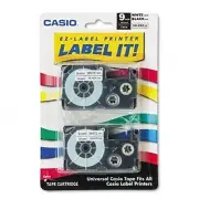 Casio EZ Label Printer Label It ! XR-9WE2s 9MM 3/8” White Tape Black Ink 2 Pack