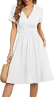 [WEACZZY] Womens Plus Size Summer Casual Dress Short Sleeve V-Neck Knee Length Dresses for Women, White, 3X-Large, White