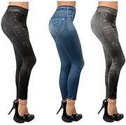 [ShopINess] Pack of 3 Slim Denim Jeggings for Women, Jeans-Look Leggings with Thin Fleece Lining Tight Fit Blue Grey Black
