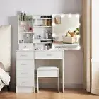 Vanity Table Set Dressing Table Stool, White Make up Desk w/ 10 LED Bulbs Mirror