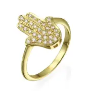 Hamsa Diamond Studded Large Jewish Ring In 14K Solid Yellow Gold Judaica Jewelry