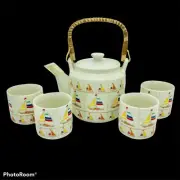Vtg Otagiri Tea Set Bamboo Bailed Teapot 4 Cups Sailboats Hand Crafted Japanese