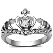 Stainless Steel CZ Heart Irish Celtic King Claddagh Irish Crown Tiara Ring