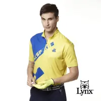 在飛比找momo購物網優惠-【Lynx Golf】男款吸濕排汗賽車方格旗設計山貓繡花短袖
