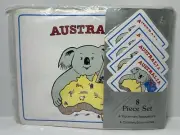 Vintage Australia Themed Placemats Coaster Set Koala Vinyl 4 Settings NOS Rare