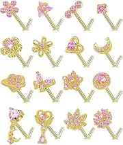 [Fxiqini] 16Pcs Nose Rings L Shaped Nose Studs Stainless Steel Pink CZ Butterfly Flower Leaf Planet Triangle Heart Moon Star Dangle Body Piercing Jewelry for Women Men 20G Gold Silver tone