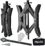 RVPNR Camper Wheel Chock Stabilizer, RV X Chocks, Tire Locking Accessories With Ratchet, Hex Socket, Tool Kit, Gloves (Black)