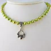 Irish Silver Claddagh green freshwater pearl necklace