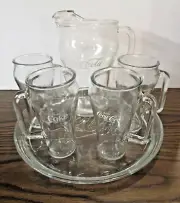 Set of 4 Vintage Coca Cola Glasses with Handles Mugs, Pitcher & Glass Tray