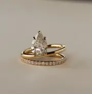 Pear Cut 2.3CT Moissanite Unique Double Band Engagement Ring In 10k Yellow Gold