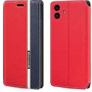 Colorblock Invisible Magnetic PU Leather Flip Case Compatible with Nothing CMF Phone 1, Stylish Wallet Cover with Full Protection and Slim Design (Red)
