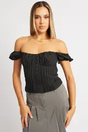 Black Milkmaid Top Short Sleeve Corset - Size 14, Women's Top