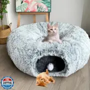 Mabaytir Cat Tunnel Bed for Indoor Cats Grey Plush, Collapsible Play Tube wit