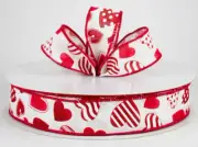1.5" wired ribbon white canvas Valentine polka dot stripe solid red hearts 5 yds