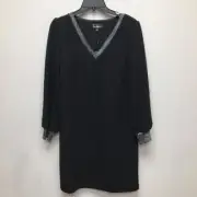 Sam Edelman Womens Mini Shift Dress Black Stretch V Neck Puff Sleeve 4 New