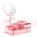 NNEDSZ Pink LED Vanity Mirror with Storage, Rotating Makeup Mirror, USB Recharge