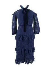 Aidan Mattox Women's Halter Tiered Lace Cold Shoulder Midi Dress (0, Navy)