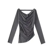 Long Sleeve Cold-Shoulder Plain T-Shirt Gray - S