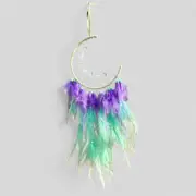 Medium Wall Hanging Crescent Moon Dream Catcher with Purple & Light Green Feathe