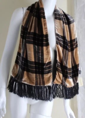 NWT Tanner $110 Designer Gold Rich Black Plaid Silk Velvet Shawl Wrap Scarf