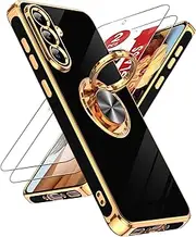 [LeYi] for Samsung A56 5G Case: with 2 Packs Tempered Glass Screen Protector and 360° Rotatable Ring Holder Magnetic Kickstand, Plating Rose Gold Edge for Galaxy A56 5G Case, Black