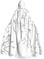 Gray Woods And Birds Print Elegant Hooded Cloak For Women Men For Cosplay Carnival Parties Masquerade Events, Black