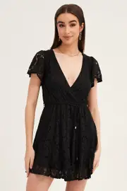 Black Short Sleeve Lace Wrap Front Skater Dress - Size 6, Women's Skater Dress