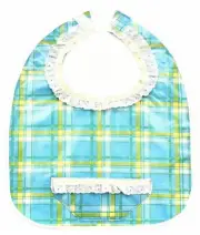 Adult Dining Oilcloth Bib,Blue Plaid,White RuffleCollar,Loop&Hook Closure,Pocket