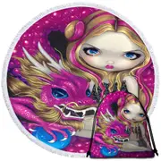 Shimmering Pink Dragon and Beautiful Big Eyed Girl Round Beach Towel