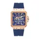 GUESS 手錶 | 三眼日期顯示 方形錶 鏤空錶盤 玫瑰金x藍 矽膠錶帶 GW0637G3