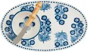 Mud Pie Block Print tray 6 11 tidbit 2" x 3 3/4" dia | spreader 5 1/4", Blue