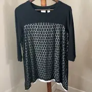Chicos Womens Top T Shirt Black Lace Overlay 3/4 Sleeve Stretch Knit Size 1