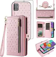 Asuwish Phone Case for Samsung Galaxy A51 4G Zipper Wallet Detachable Cell Cover with Tempered Glass Screen Protector Crossbody Strap Bling Flip Credit Card Holder A 51 M40S 51A A515F S51 Women Pink