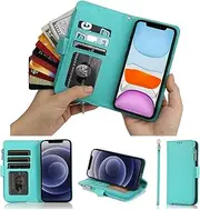 Cavor for iPhone 12 Case,for iPhone 12 Pro Case,PU Leather Zip Pocket Wallet Flip Cover Case Magnetic Closure Book Design with Kickstand Feature & Card Slots(6.1")-Light Green