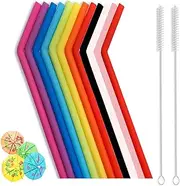 BUYUP Reusable Silicone Straws, Long Flexible Silicone Drinking Straws with Cleaning Brushes for 30 oz Tumblers RTIC/Yeti - 12Pieces - BPA-Free - No Rubber Taste-2 Cleaning Brushes