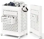 Giantex Collapsible Laundry Basket, 75 L Plastic Storage Bin with Underwear Basket and Handles, Foldable Laundry Hamper on Wheels, White