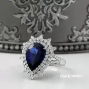14K White Gold Finish Pear Shape 3CT Real Blue Sapphire Engagement Jewelry Ring