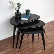 Nesting Table Set of 3 | Black Pebble Tables with Tapered Legs | Retro Solid Wood Home Furniture | Solid Hardwood | Mid Century Modern