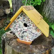 Fairy Cottage Bird House Handmade High Quality Stone Solid Oak Hang or Stand 8"