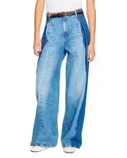 Sandro High Rise Contrast Panel Jeans in Blue Jean