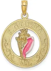 [JewelryWeb] 14ct Gold Antigua Wi Round Frame With Enamel Conch Shell Center Charm Pendant Necklace 24.55x18.75mm Wide 4.2mm Thick