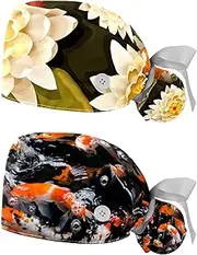 [WOSHJIUK] Working Hat 2 Pack Scrub Caps for Women,Japanese koi Lotus Fish,Tie Back Cap Adjustable Scrub Hat