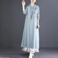 在飛比找蝦皮商城精選優惠-【小七】洋裝 中國風服飾 民族風女裝復古立領刺繡七分袖棉麻洋