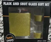 Spencer’s Gifts Flask & Shot Glass Gift Set NIB Gold Glitter Barware Collection