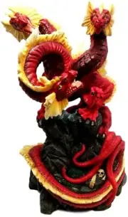 Red And Yellow Battle Hardened Volcano 3 Headed Hydra Dragon On Rock Statue