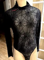 Gothic Avidlove Black Spiderwebs Sheer Bodysuit Turtle Neck L/S Sz L NWTS mt1