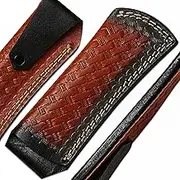 Handcrafted Leather Knife Sheath with Embossed Pattern, Two-Tone Brown and Black, White Stitching