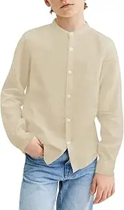 [Mafulus] Boys Button Down Linen Shirt Long Sleeve Mandarin Collar Loose Fit Casual School Summer Top