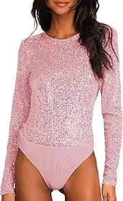 [Generic] Womens Body Suits Shinny Long Sleeve Bodysuits Crew Neck Sexy Thong Bodysuits Casual Stretchy Slimming Tops Partywear, A- Pink, X-Large